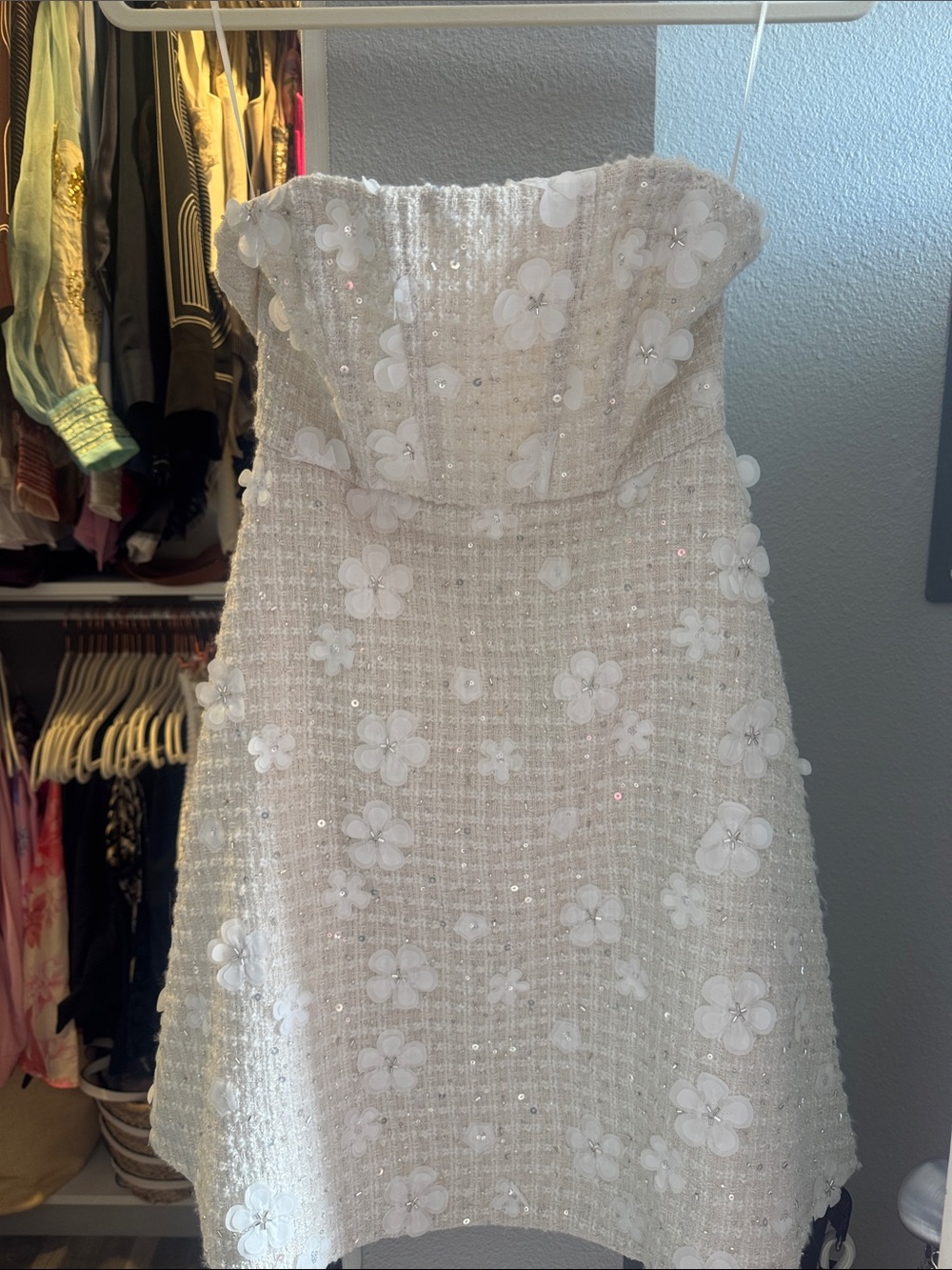 Anthropologie White Strapless Floral Appliqué Mini Dress